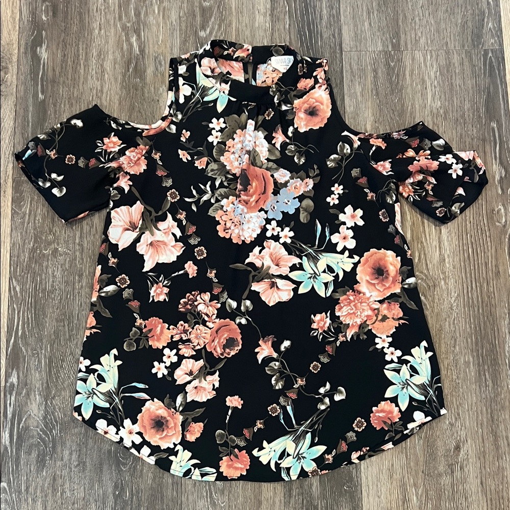Sienna Sky Black and Pink Floral Cold Shoulder Top
